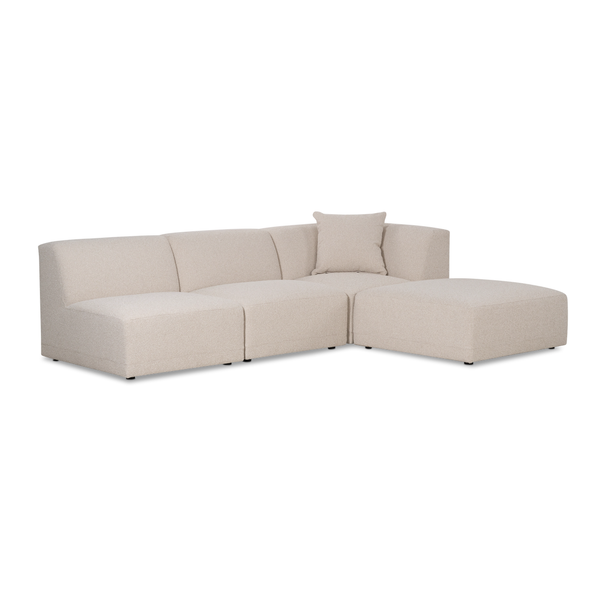 Angled view of the Arlo Modular Sectional in Oatmeal woven fabric, highlighting the wraparound corner back, deep seats and short black feet.