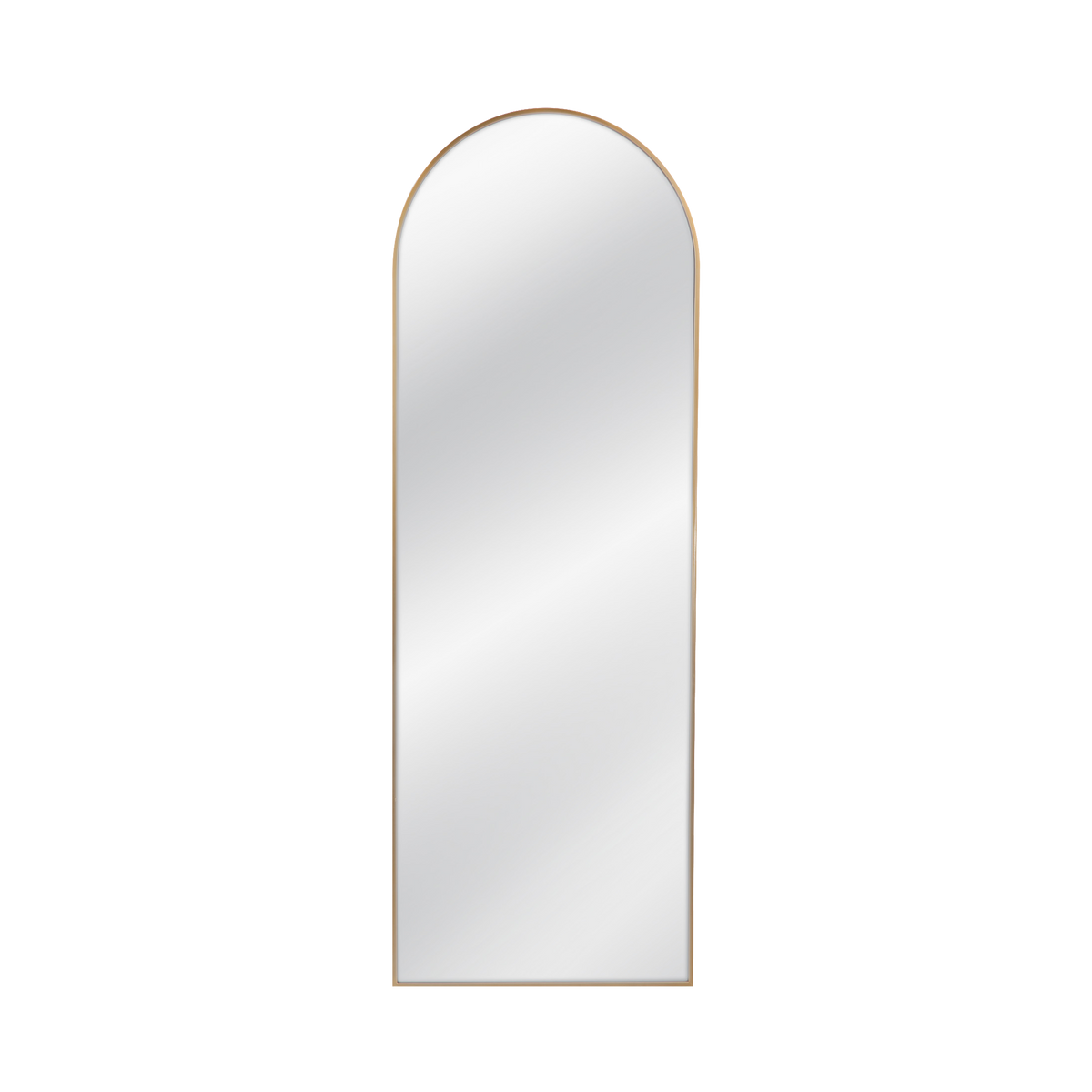 The Arched Top Floor Mirror features a rectangular shape with arched top and an satin brass colored frame.