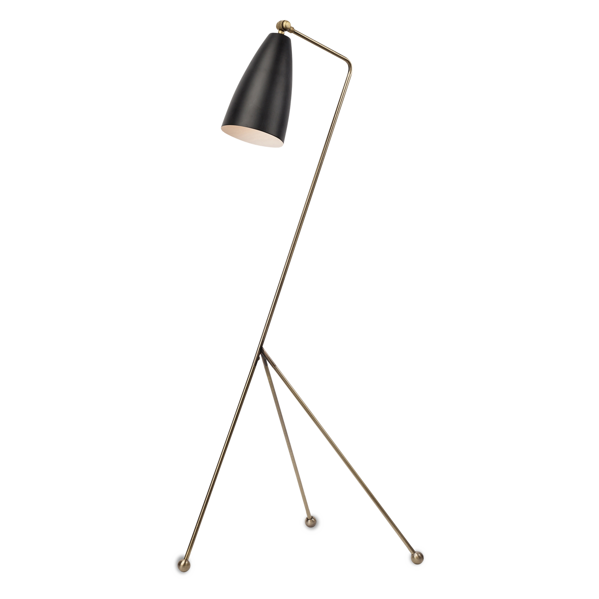 A stunning contemporary floor lamp with a delicate antique brass column ending in a unique tripod base, topped with a sleek matte black shade.