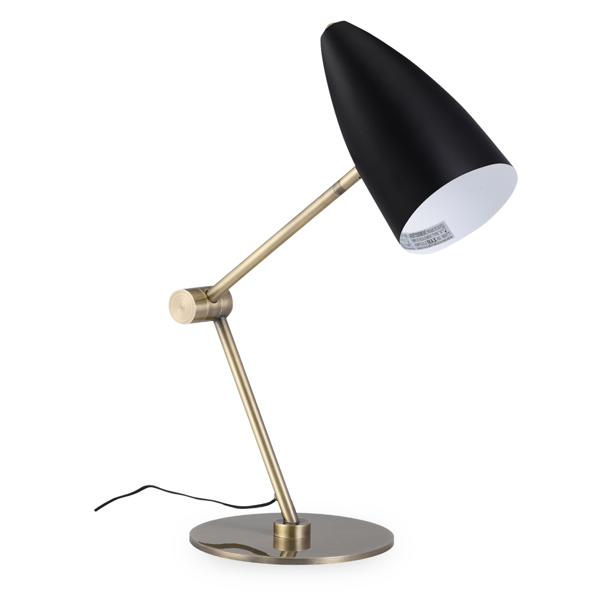 The Dexter table lamp features an adjustable metal base in rich antique brass that is perfectly complemented by a black metal shade.