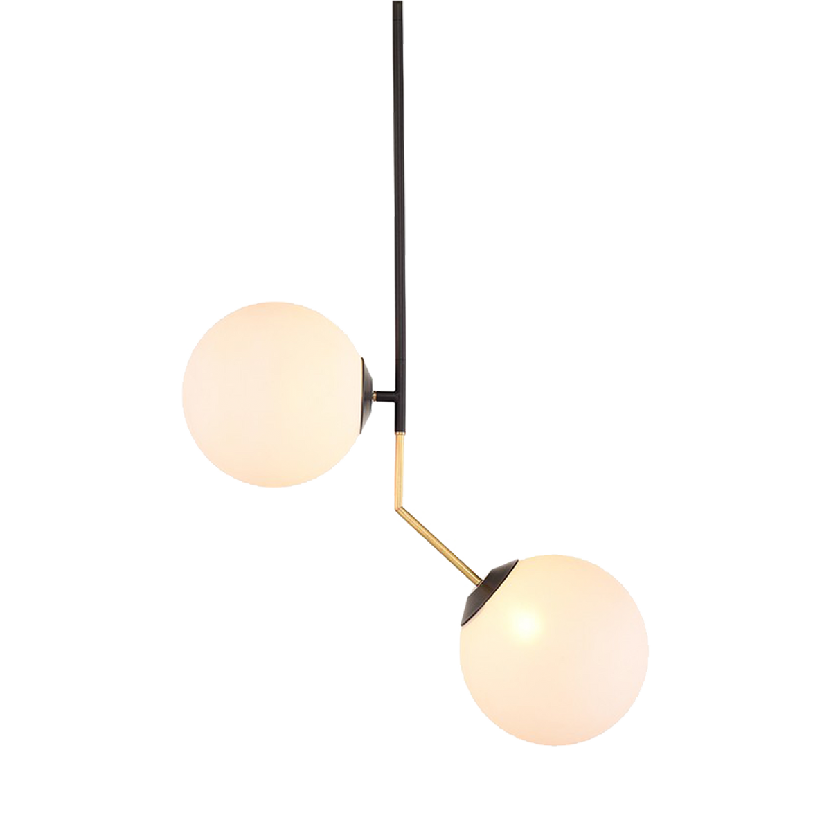 The strikingly graceful Marco 2L pendant elegantly pairs matte black steel with brass accents, creating a dramatic elongated drop-down angled stem, supporting two large floating fr