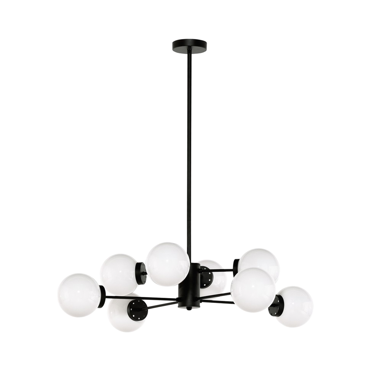 The Volcan pendant features 8 round white-glass shades, radiating outward from a simple, cylindrical stem presenting an elegant contemporary European bistro-inspired aesthetic.