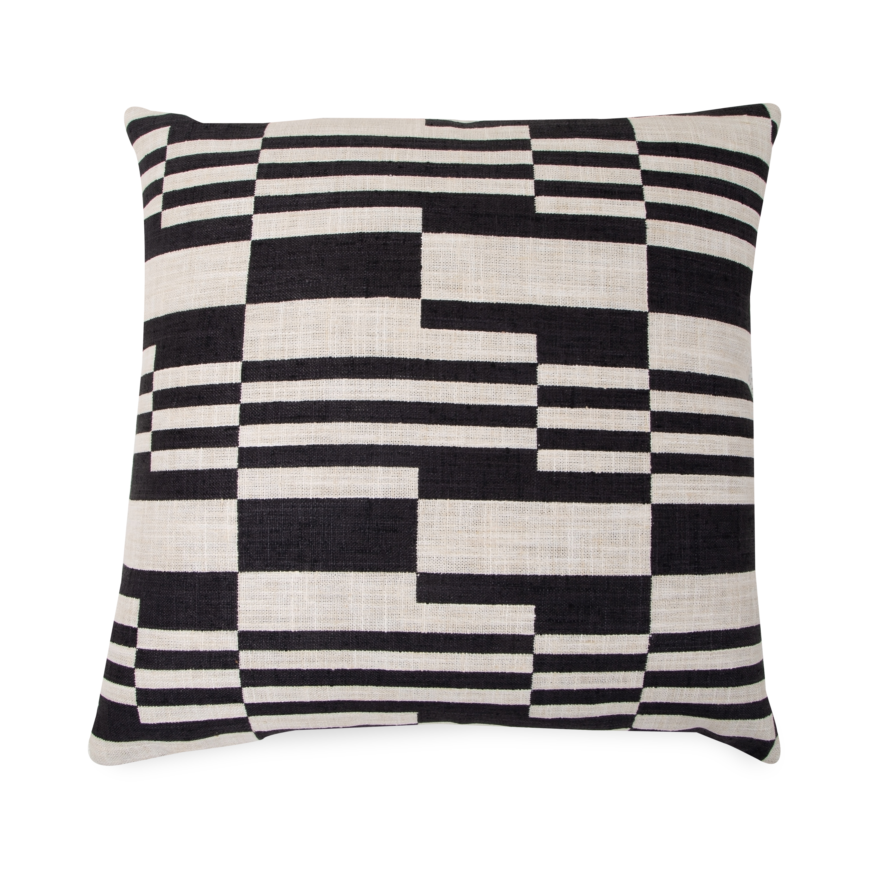 With a unique pattern of black lines and shapes on beige, the Domino Pillow is woven with a textured polyester, which is then finished with a knife-edge style.