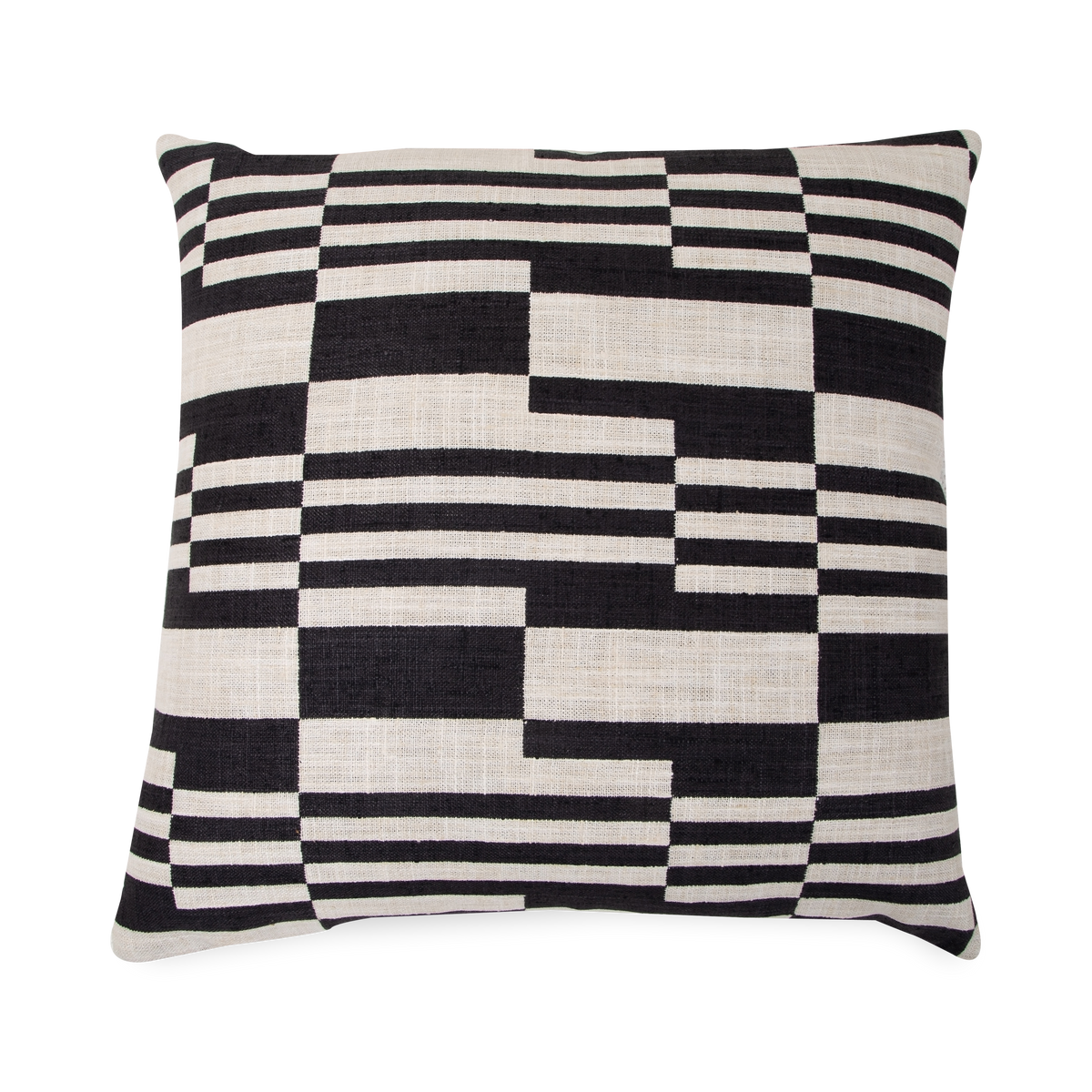 With a unique pattern of black lines and shapes on beige, the Domino Pillow is woven with a textured polyester, which is then finished with a knife-edge style.