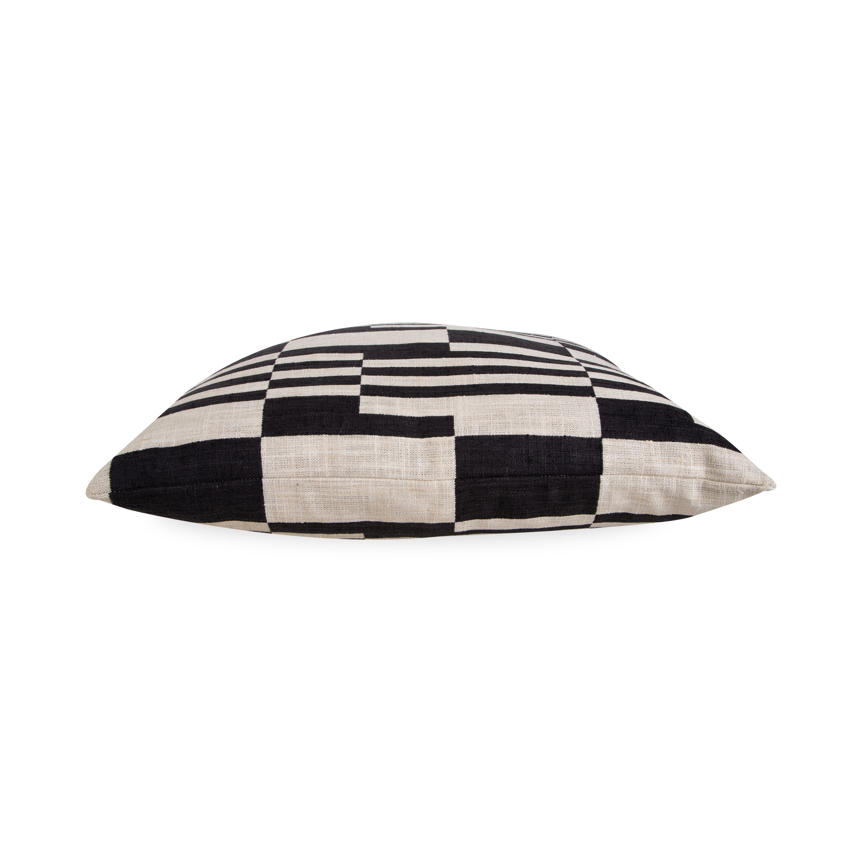 With a unique pattern of black lines and shapes on beige, the Domino Pillow is woven with a textured polyester, which is then finished with a knife-edge style.