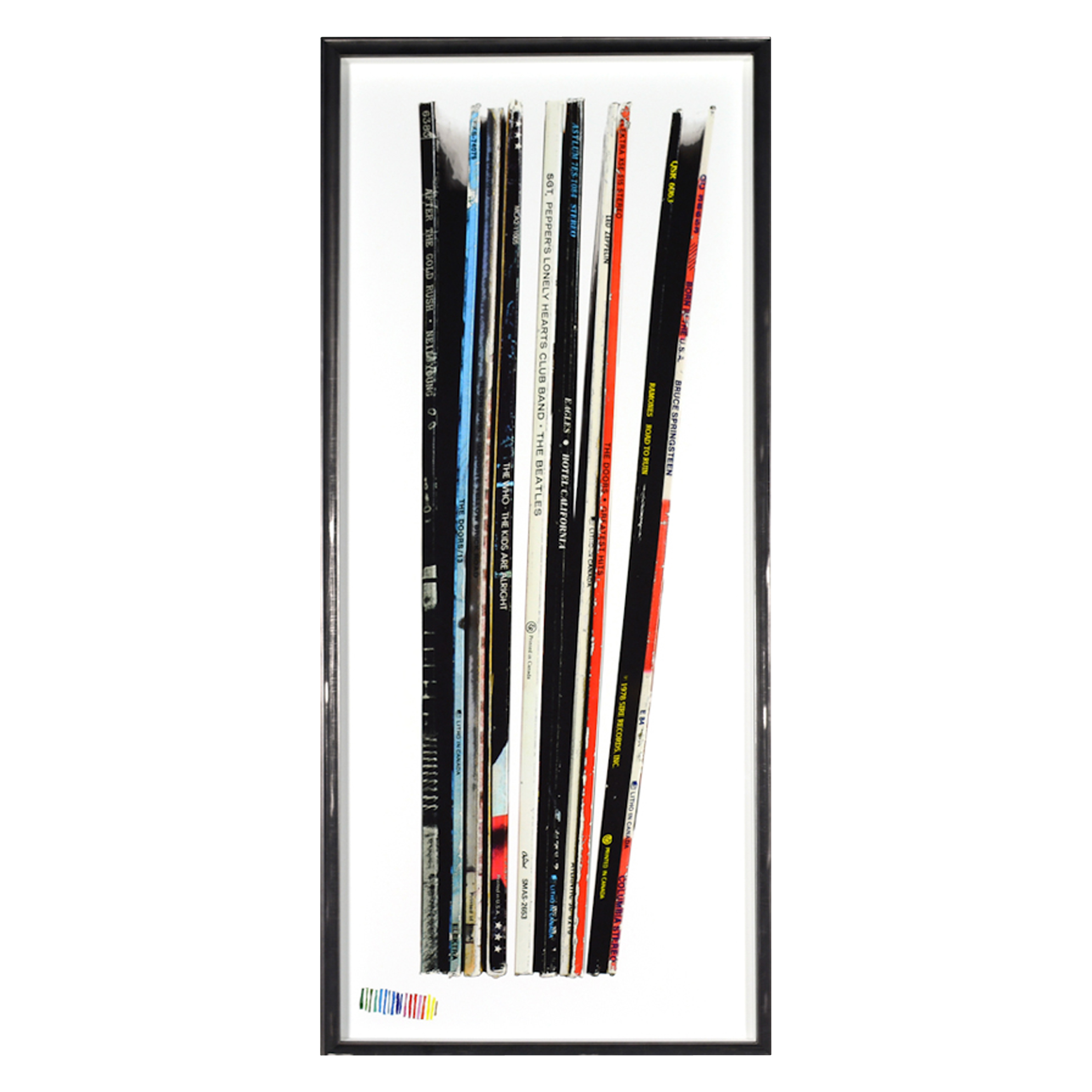 A colourful large-scale photo of vintage albums, perfect for any music lover.