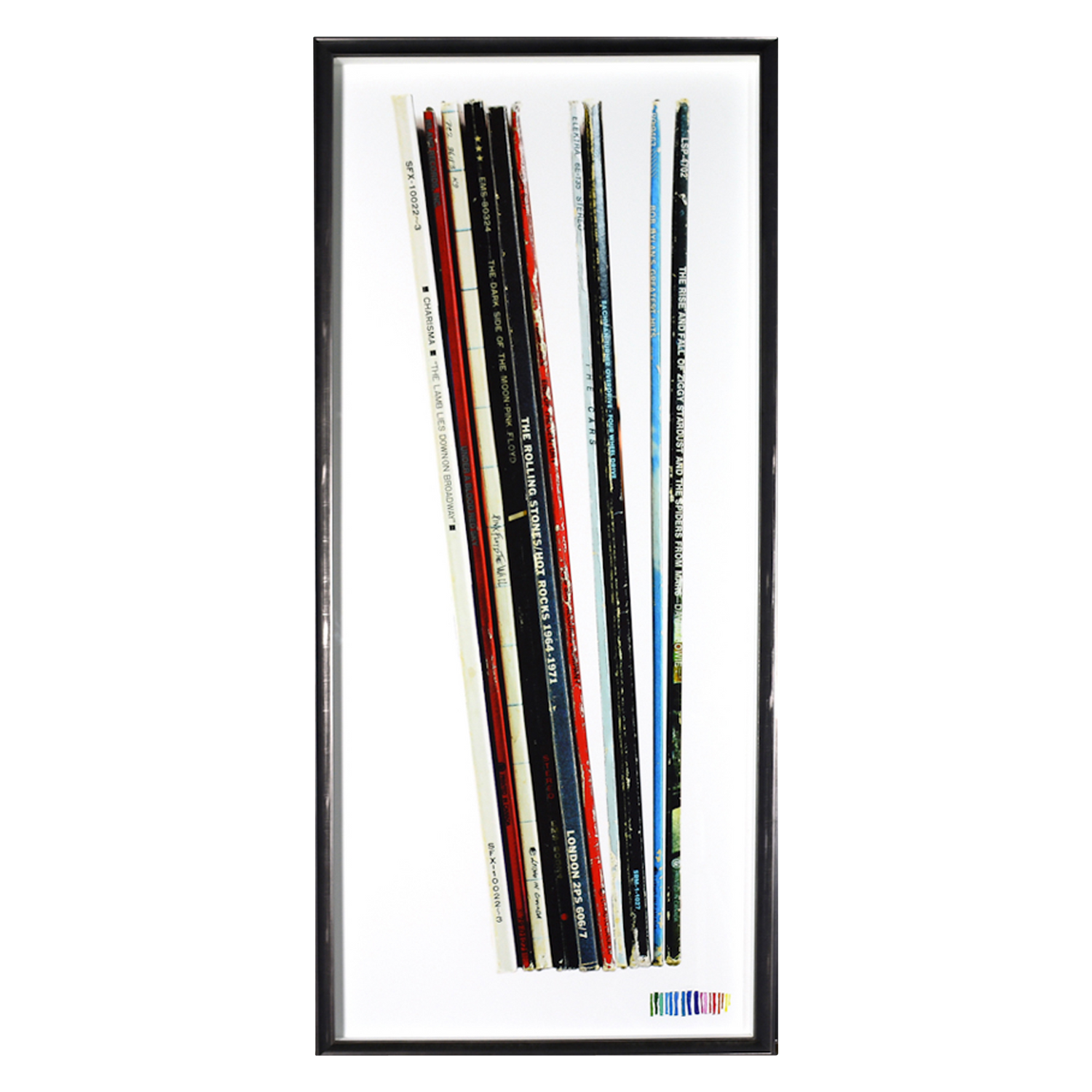 A colourful large-scale photo of vintage albums%2C perfect for any music lover.