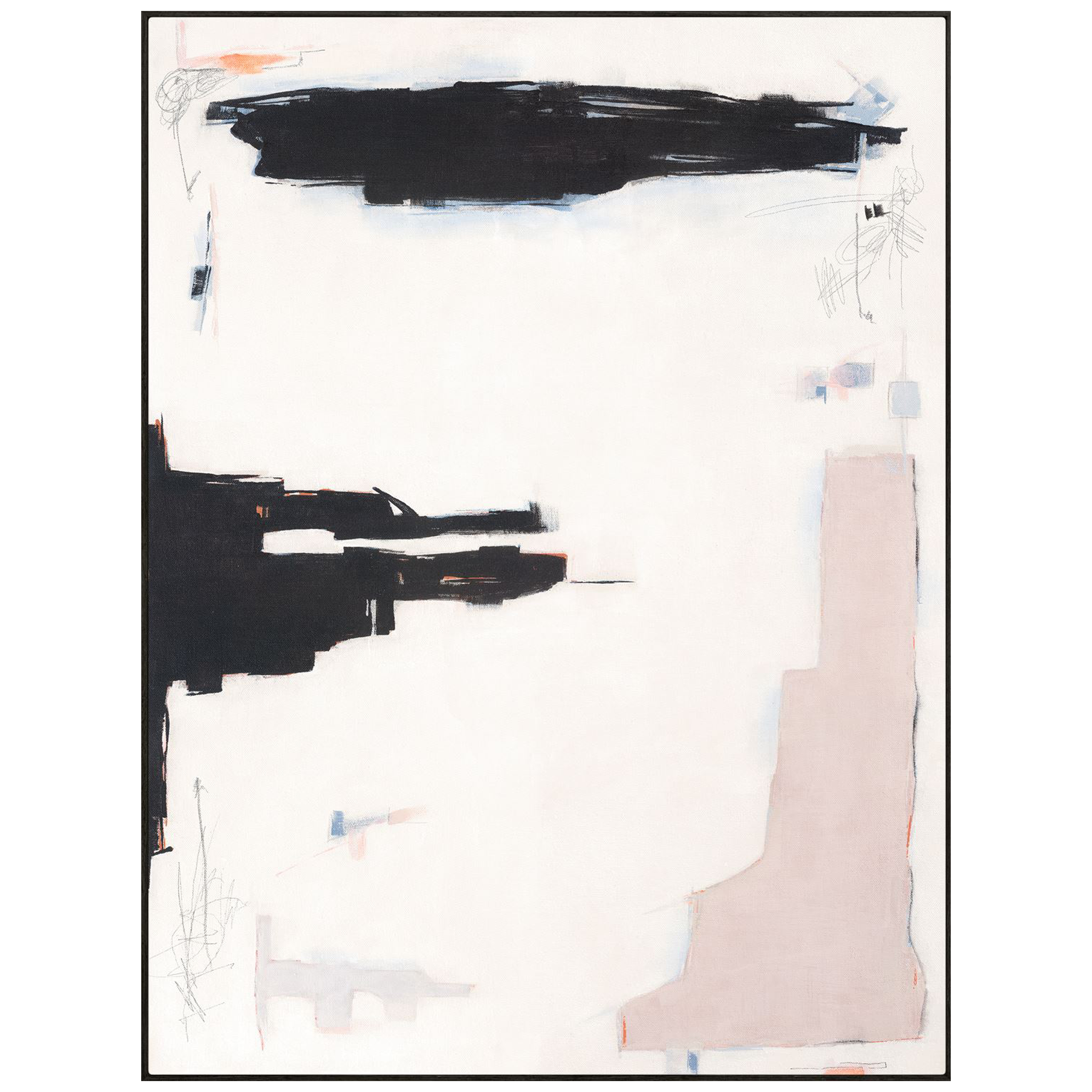 Subtle layers of soft pastel colour surround energetic lines and strong black shapes in these mid-century style abstracts.