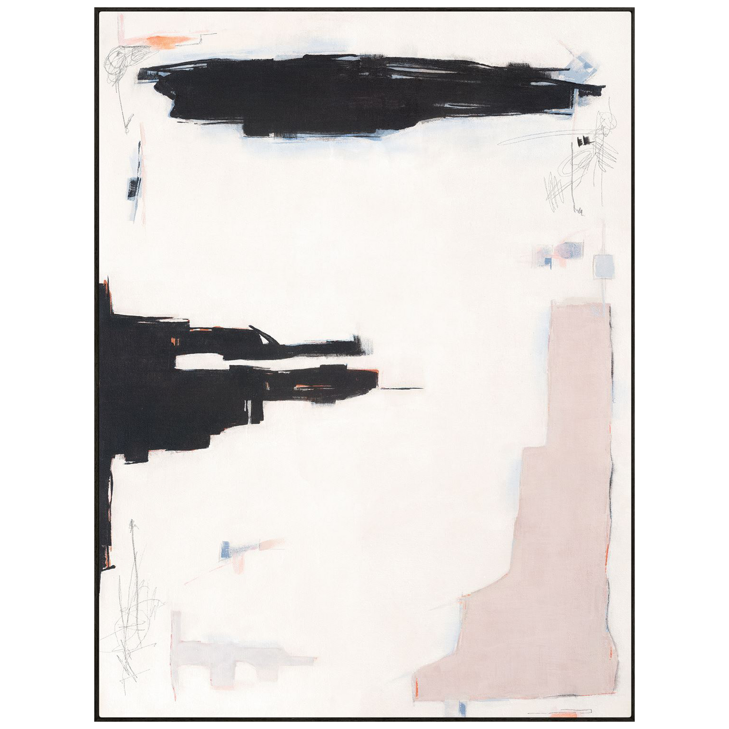 Subtle layers of soft pastel colour surround energetic lines and strong black shapes in these mid-century style abstracts.