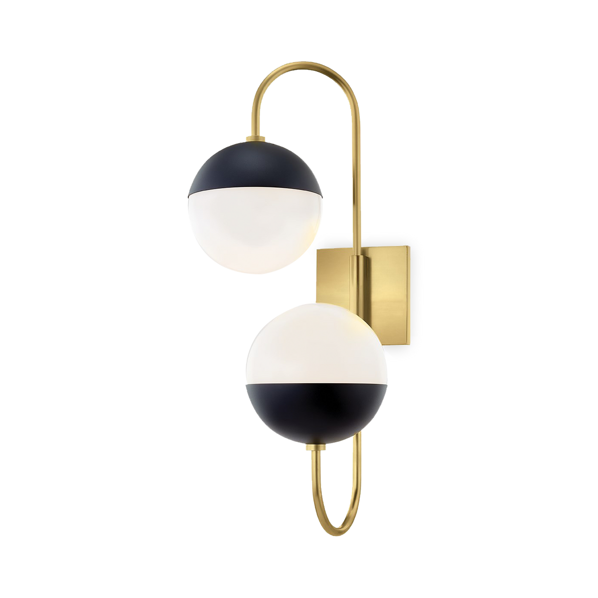 Elegant and modern, this double wall light features two orbs  with black shades, supported on aged-brass hardware.
