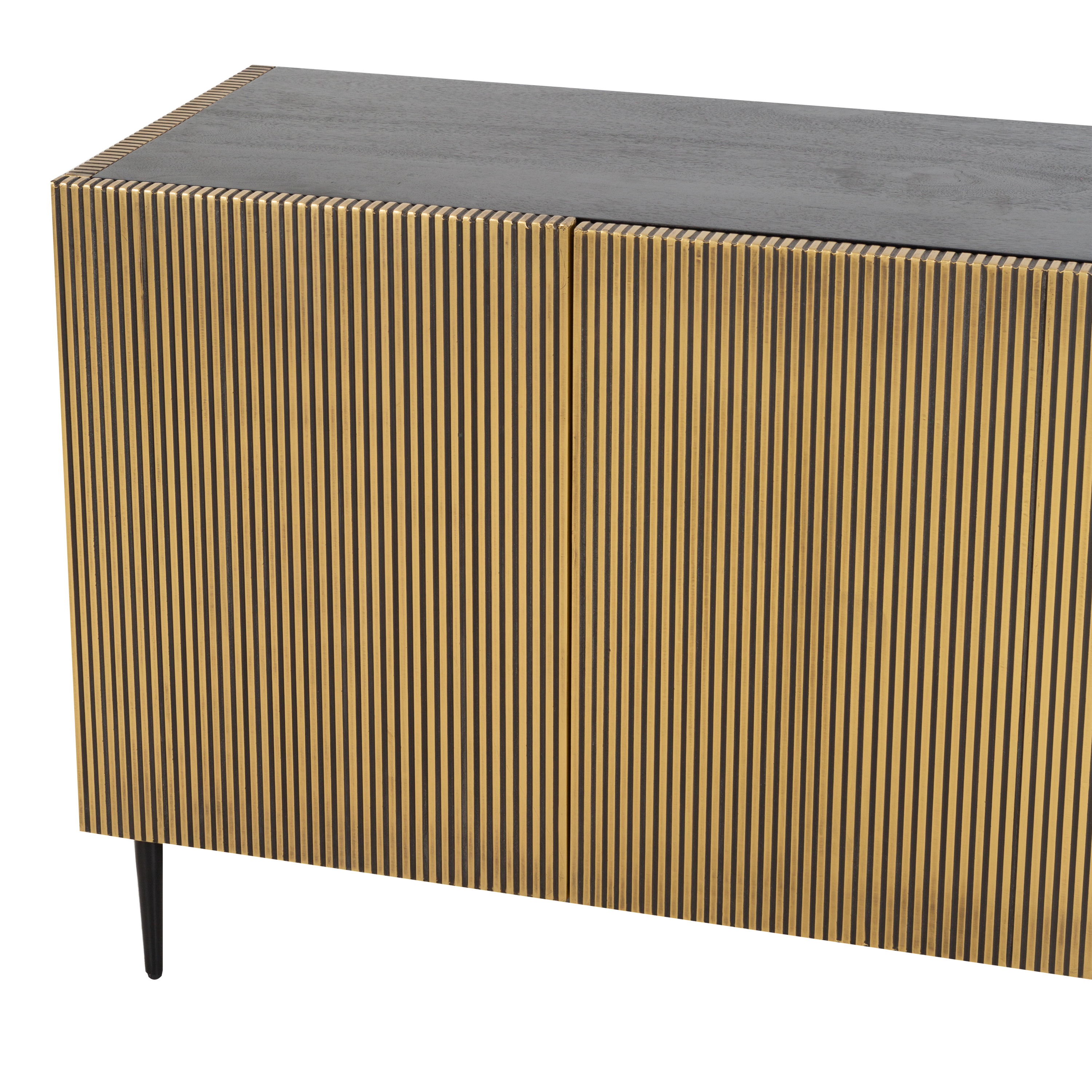 Showcasing an art deco flair, the Engler Sideboard features antiqued brass sides and doors that give it a look thats decadent and refined.