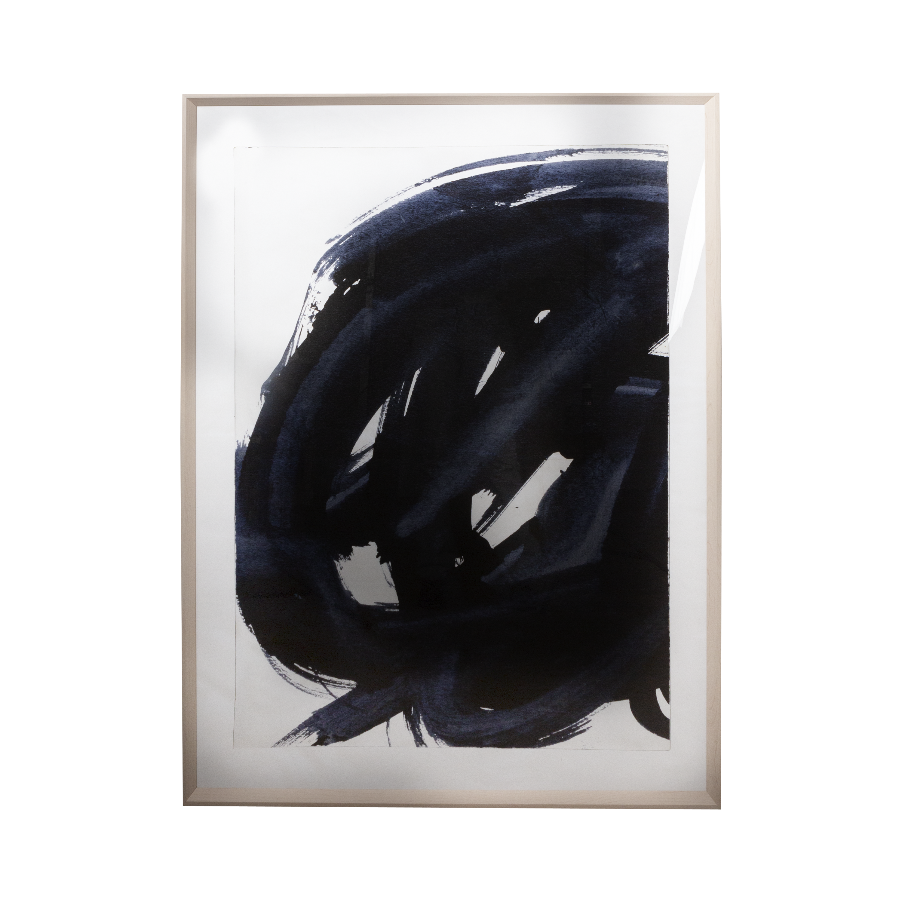 The rich colour of indigo brushwork in this energetic abstract is enhanced by a raised, torn edge piece of the overall image, adding real depth to the expression.