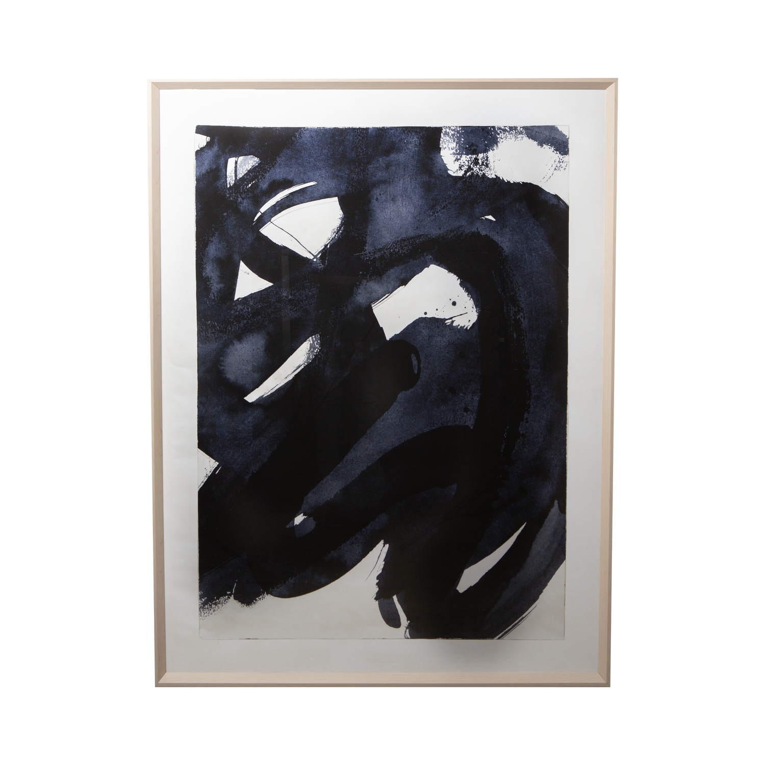 The rich colour of indigo brushwork in this energetic abstract is enhanced by a raised%2C torn edge piece of the overall image%2C adding real depth to the expression.