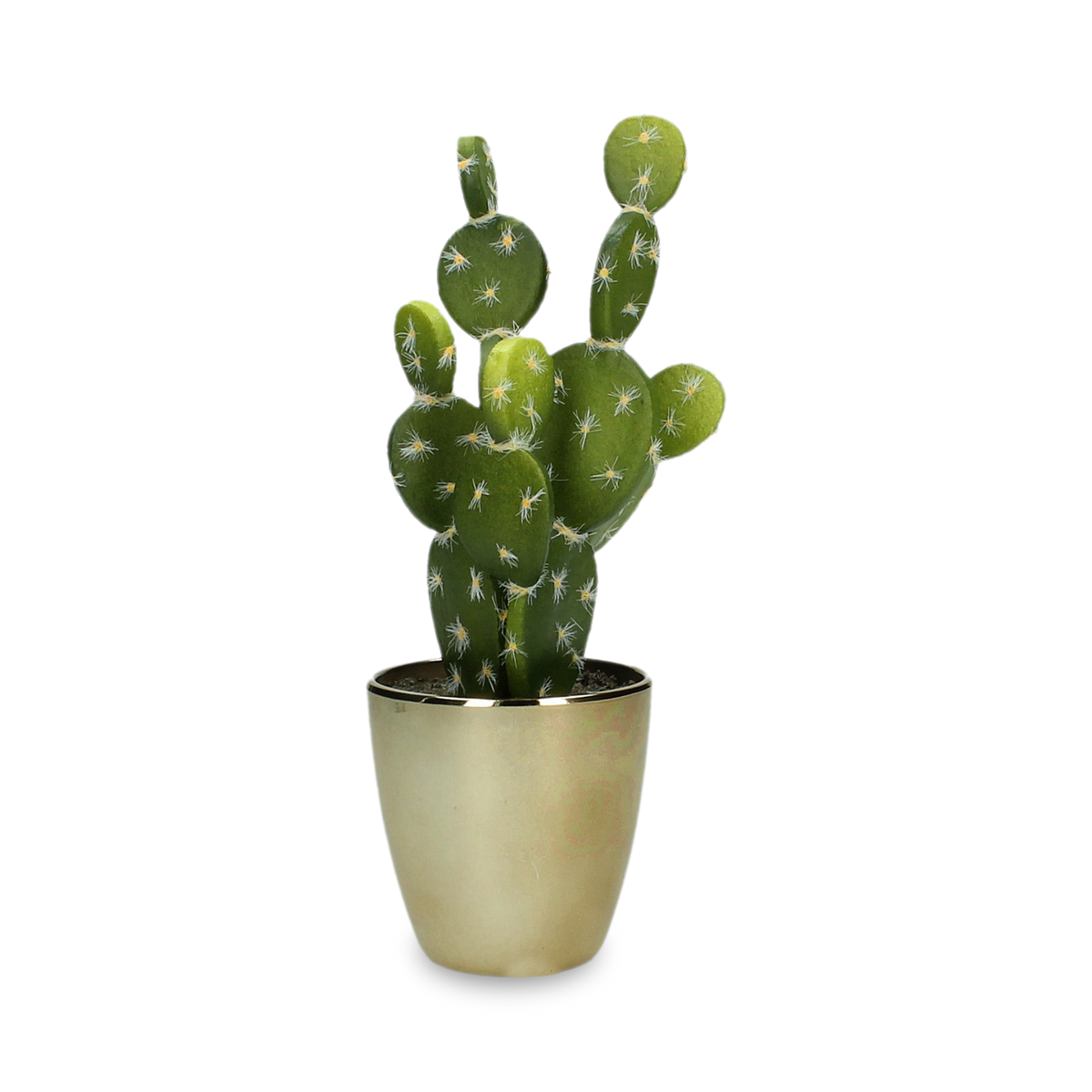 Beautiful faux cactus plant nestled in a gold pot.