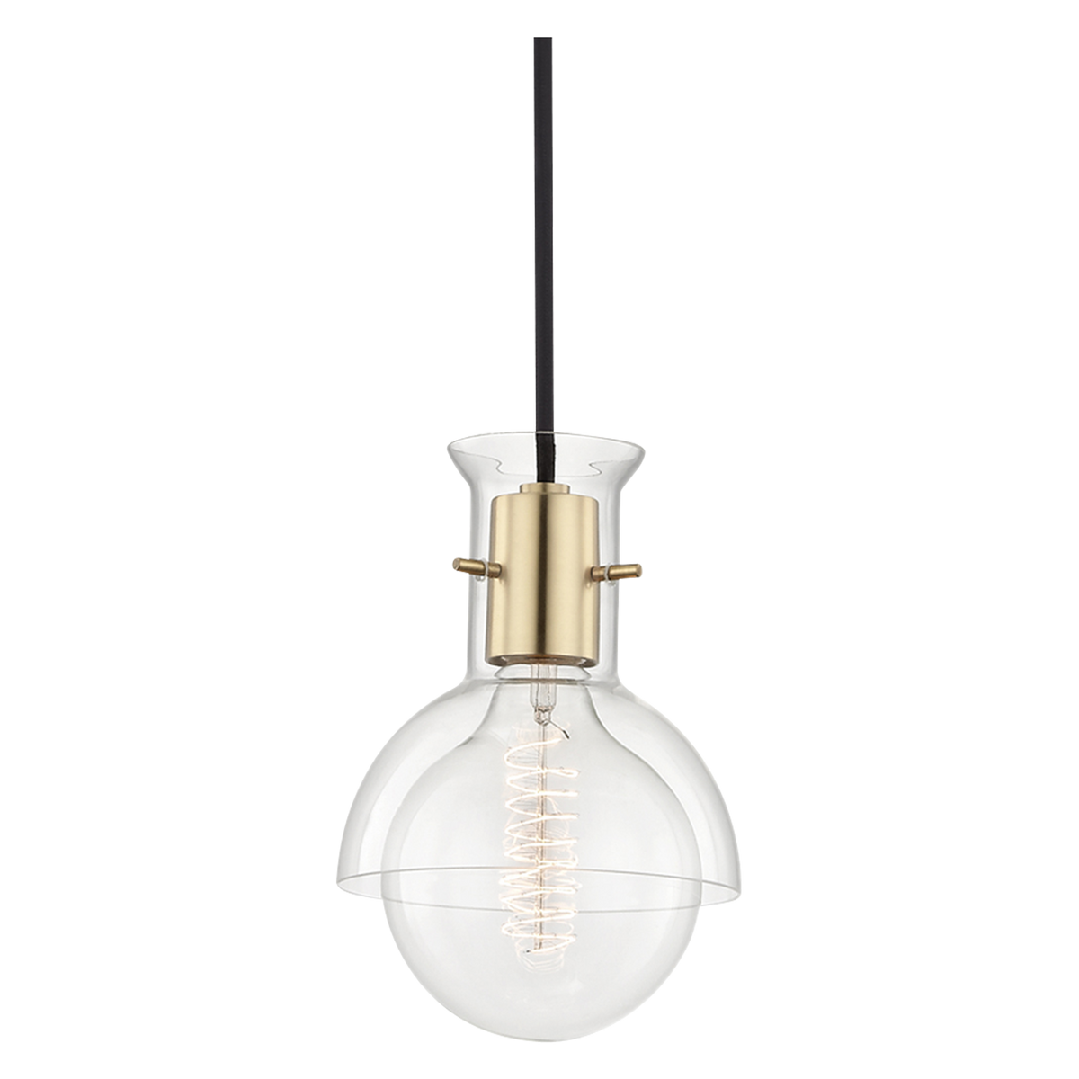 A round statement bulb is housed within a simple clear glass shade and aged brass socket in this chic contemporary pendant.