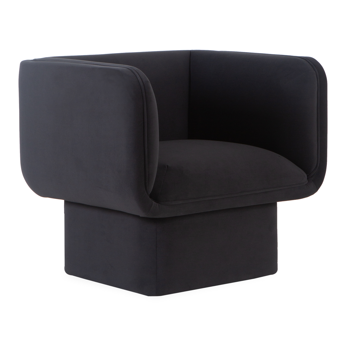 Inspired by a vintage Italian design from the 1970s, the Roma Lounge Chair sits upon a square base and features a generously cushioned seat and supportive back.