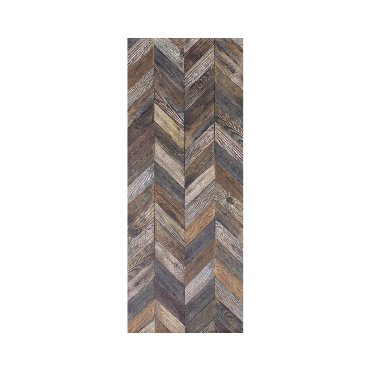 Rediscover the timeless charm of beautiful raw pine planks with this trompe l'oeil vinyl imitation parquet herringbone rug with ancestral planks.