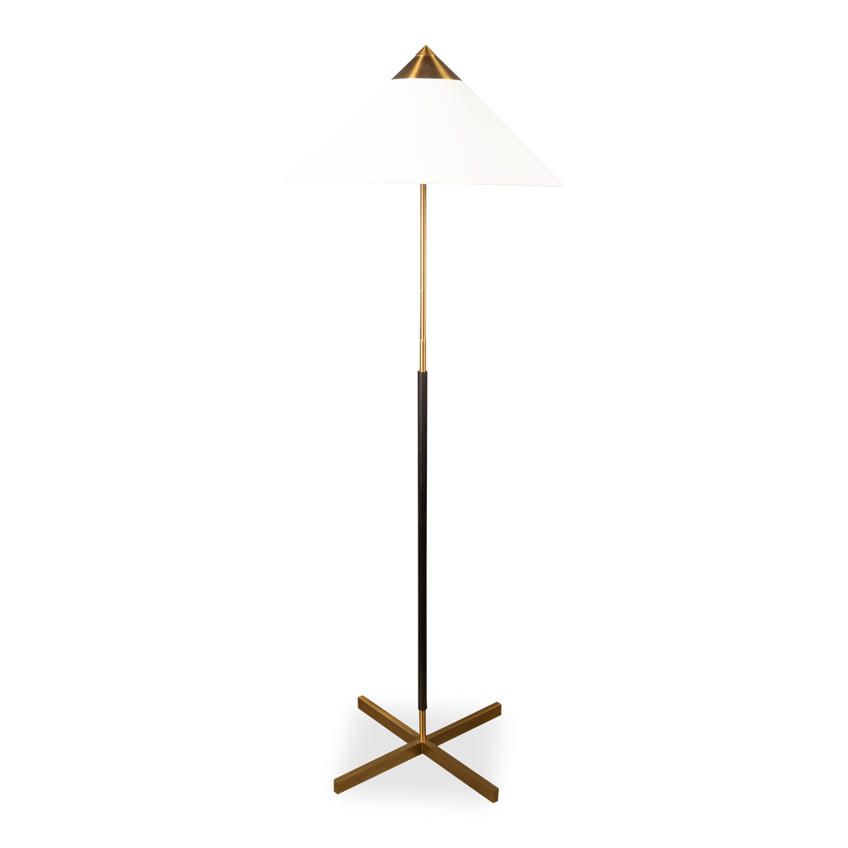 The Franklin Floor Lamp features a white linen shade with a brass and bronze finish.