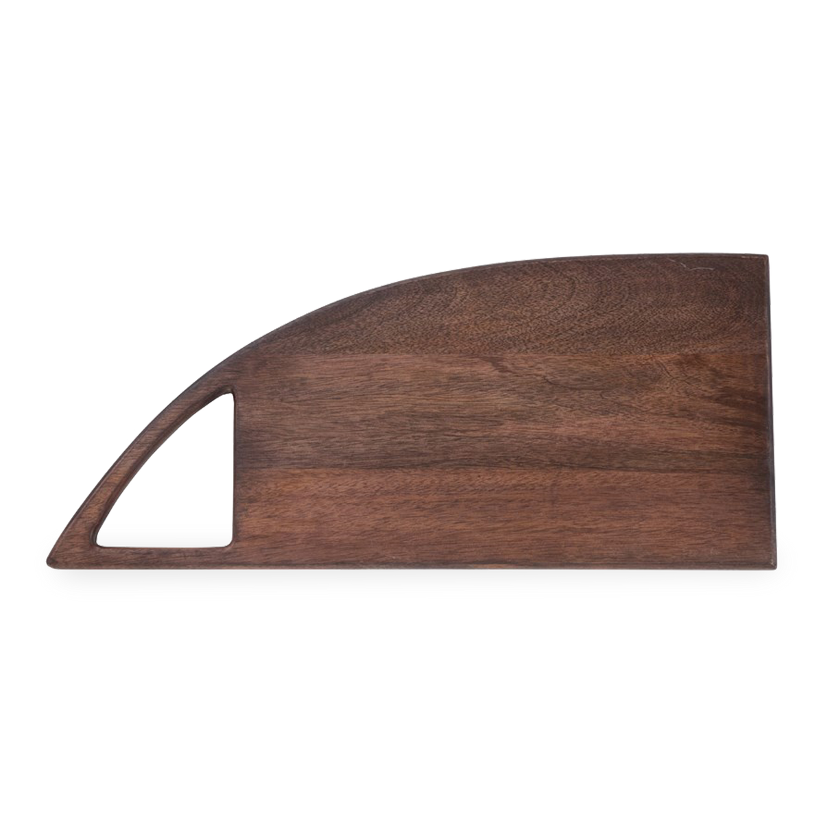 This serving board is made of sustainable black mango wood and features a handle for extra support.