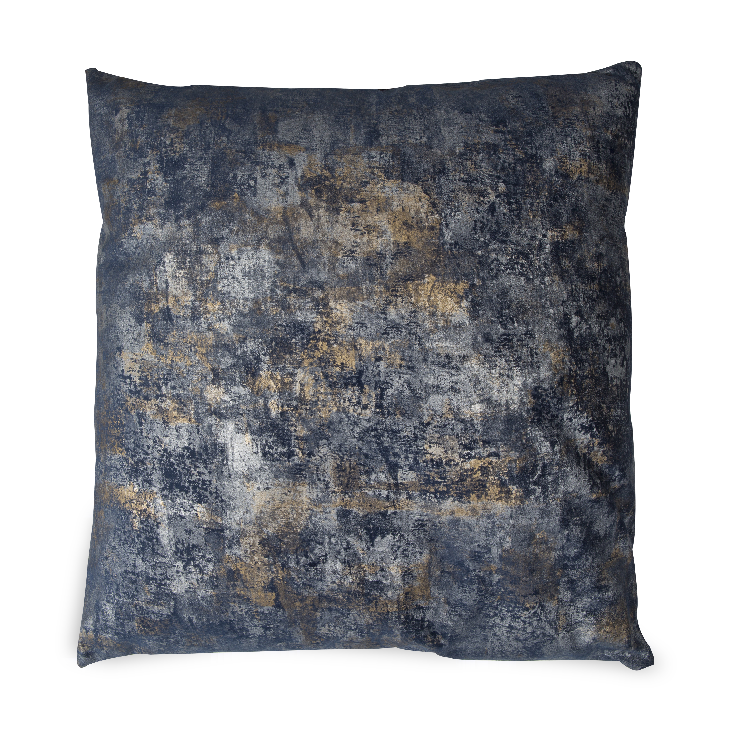 This pillow features an abstract medley of grey and blue tones.