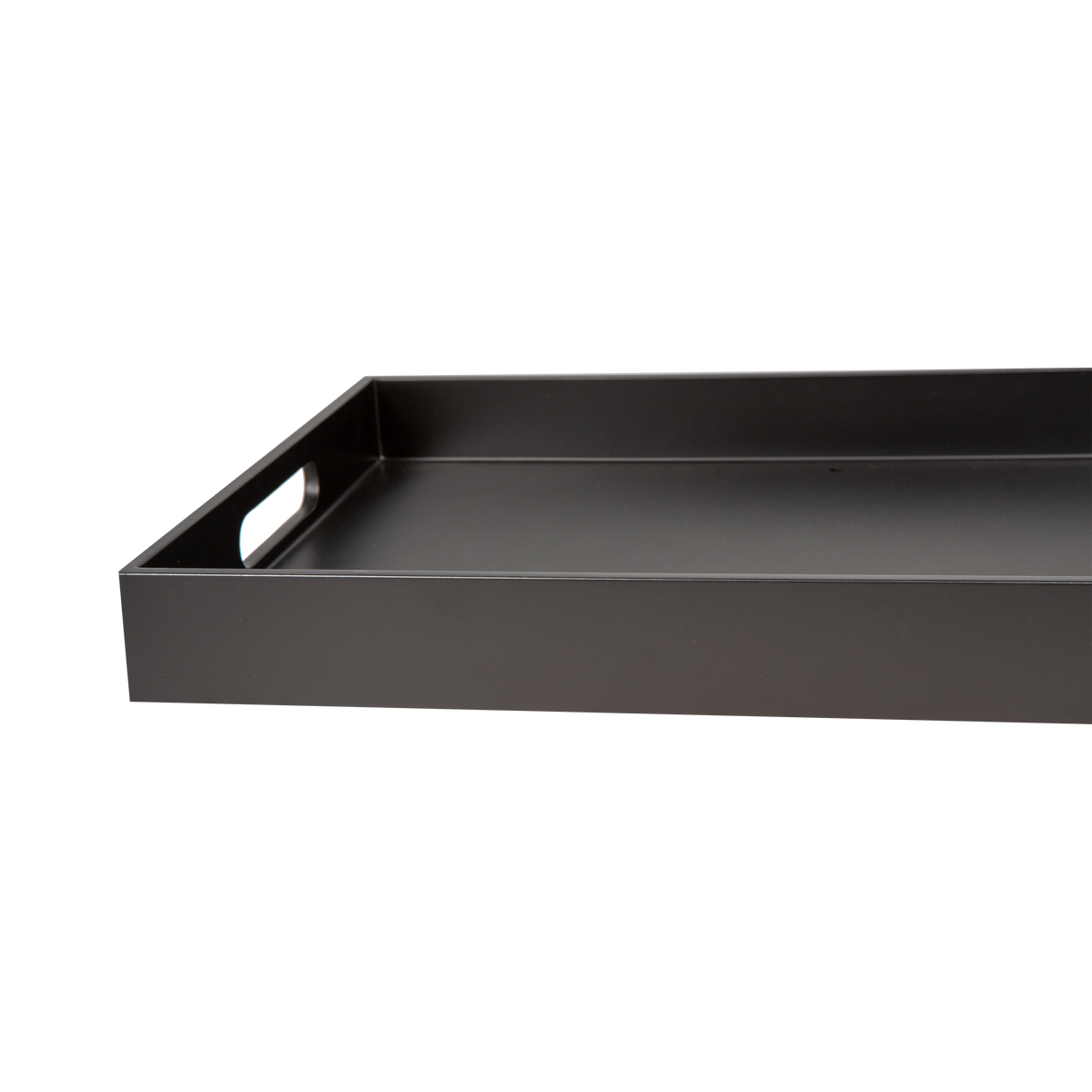 Ferris Lacquer Tray features a modern matte black finish and is available in two sizes.