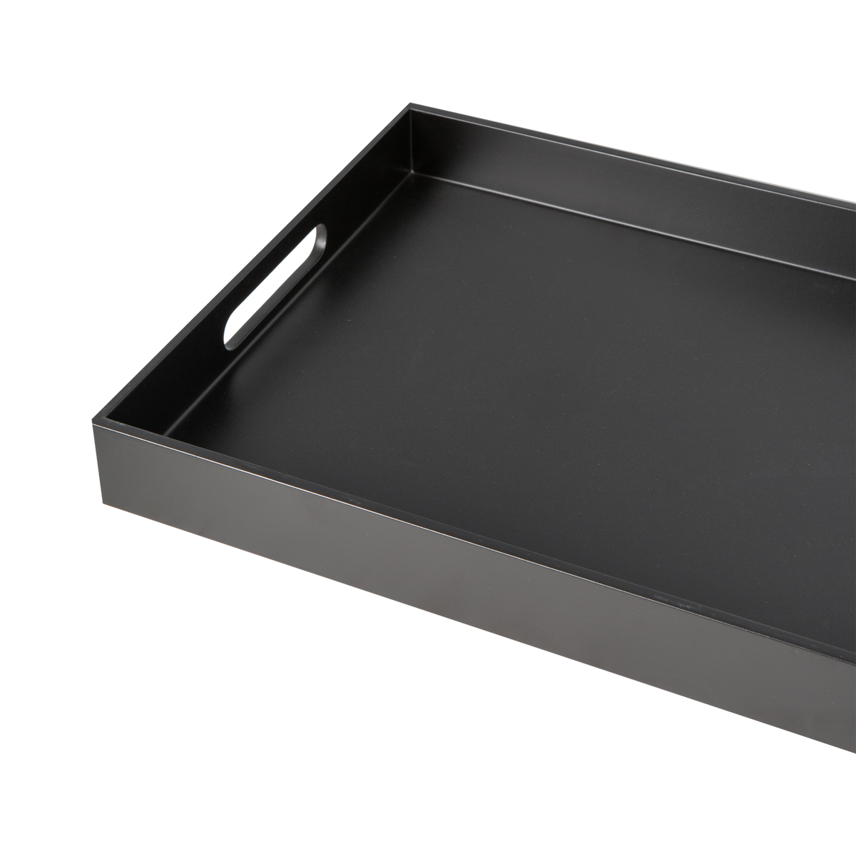 Ferris Lacquer Tray features a modern matte black finish and is available in two sizes.