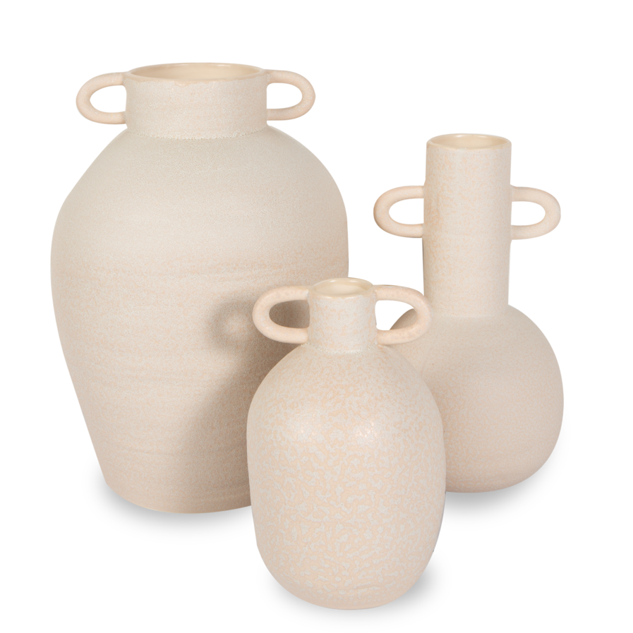 Reminiscent of an antique urn, the Long Vase in white features loop handles and a rounded organic form.